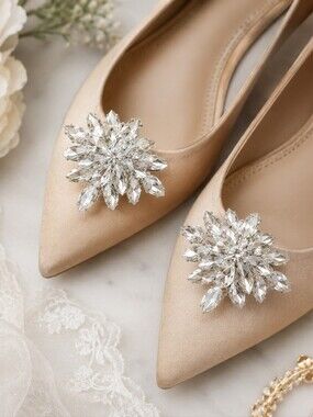 Vintage Clear Rhinestone Floral Starburst Shoe Clips Silver Tone Pair Formal